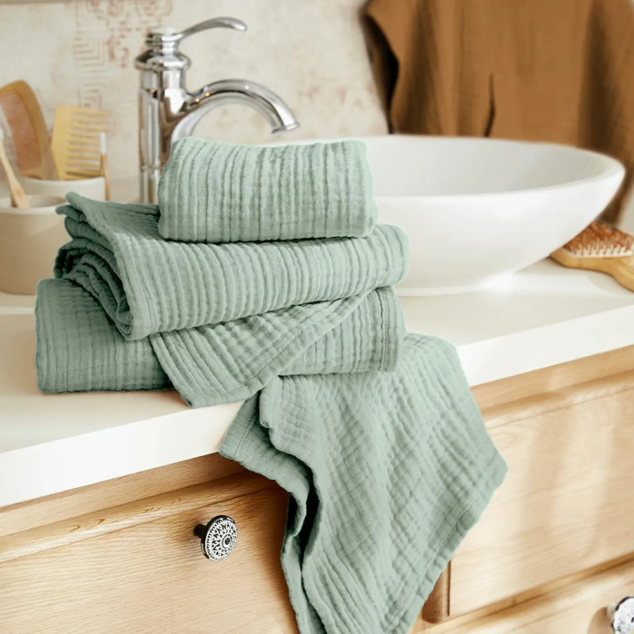 EMINZA Serviette de bain gaze de coton (30 x 50 cm) Gaïa Vert Eucalyptus Sale