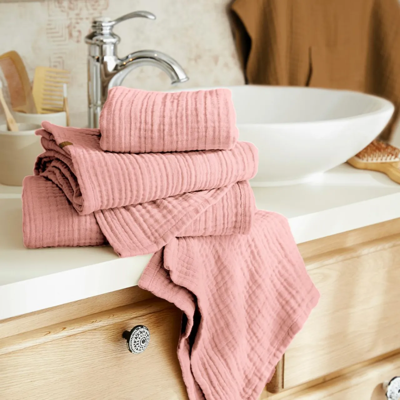 EMINZA Serviette de bain gaze de coton (90 x 150 cm) Gaïa Rose Pêche Hot