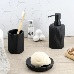 TENDANCE Set d'accessoires salle de bain résine Strié Noir Clearance