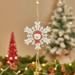 JJA Suspension de Noël en bois (D9 cm) Bonhomme de neige et flocon Blanc Online