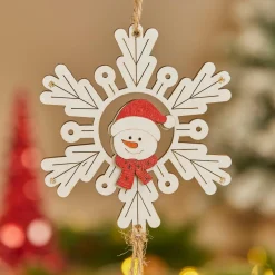 JJA Suspension de Noël en bois (D9 cm) Bonhomme de neige et flocon Blanc Online