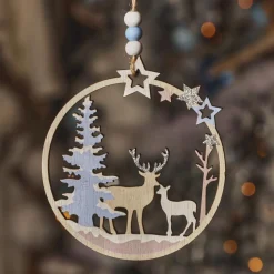 KAEMINGK Suspension de Noël en bois (D11 cm) Renne et biche en forêt Bleu Sale