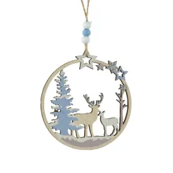 KAEMINGK Suspension de Noël en bois (D11 cm) Renne et biche en forêt Bleu Sale