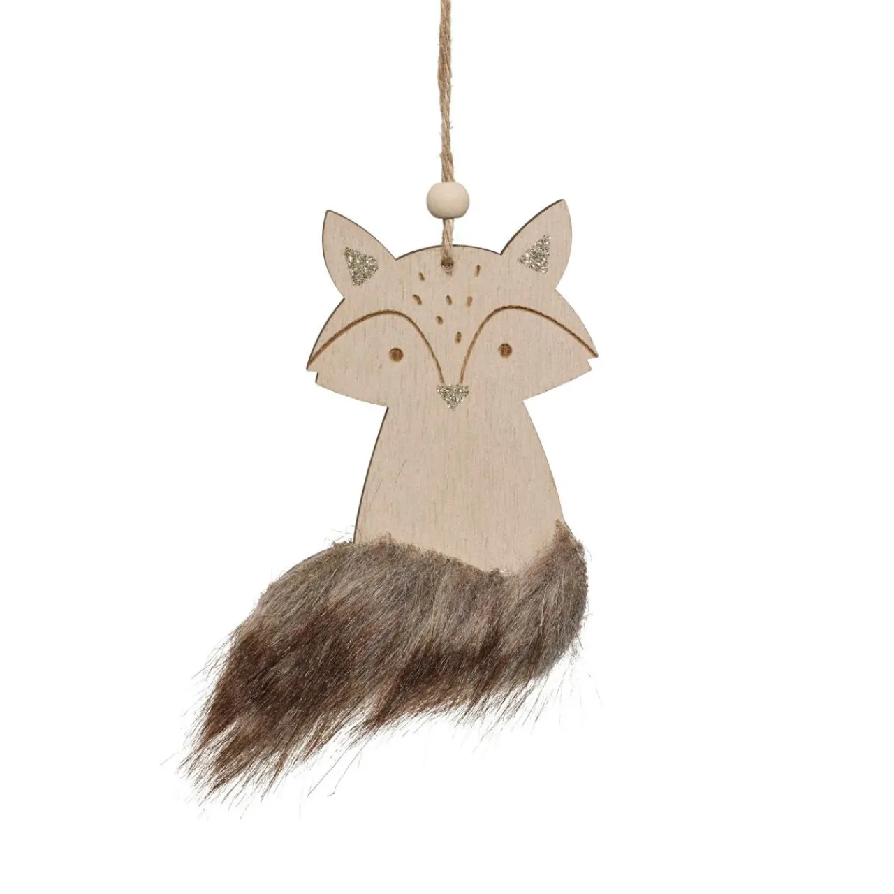 JJA Suspension de Noël en bois (H12 cm) Renard douce fourrure Marron
