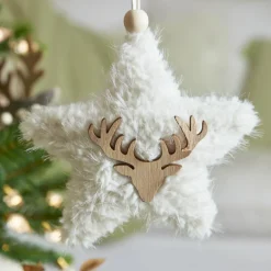 KAEMINGK Suspension de Noël en bois (H15 cm) Étoile fourrure Blanc Discount