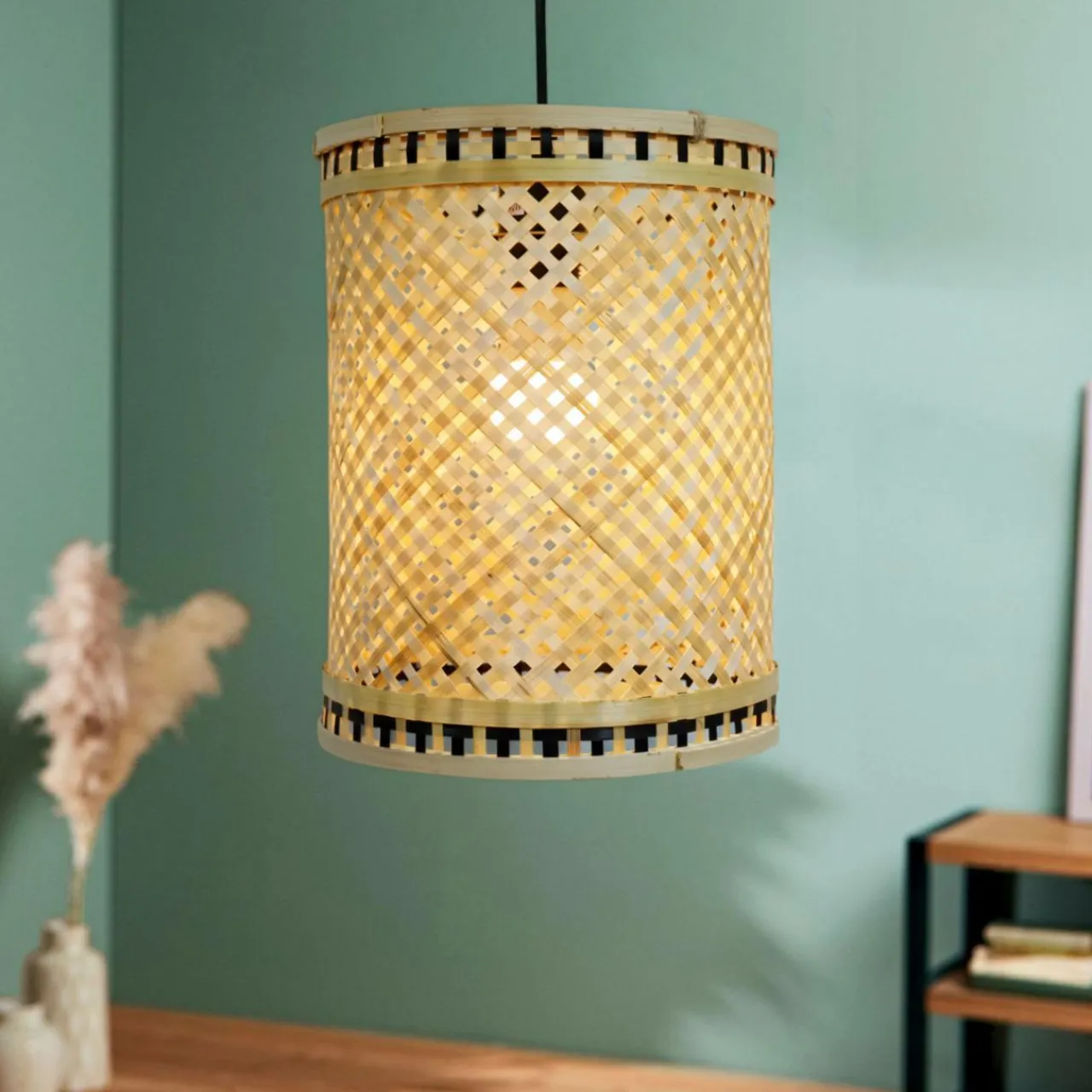 EMINZA Suspension lumineuse en bambou (H30 cm) Estepona Noir et Naturel New