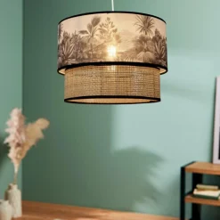 OSTARIA Suspension lumineuse en rotin double (D35 cm) Ombrage et naturel Noir Outlet