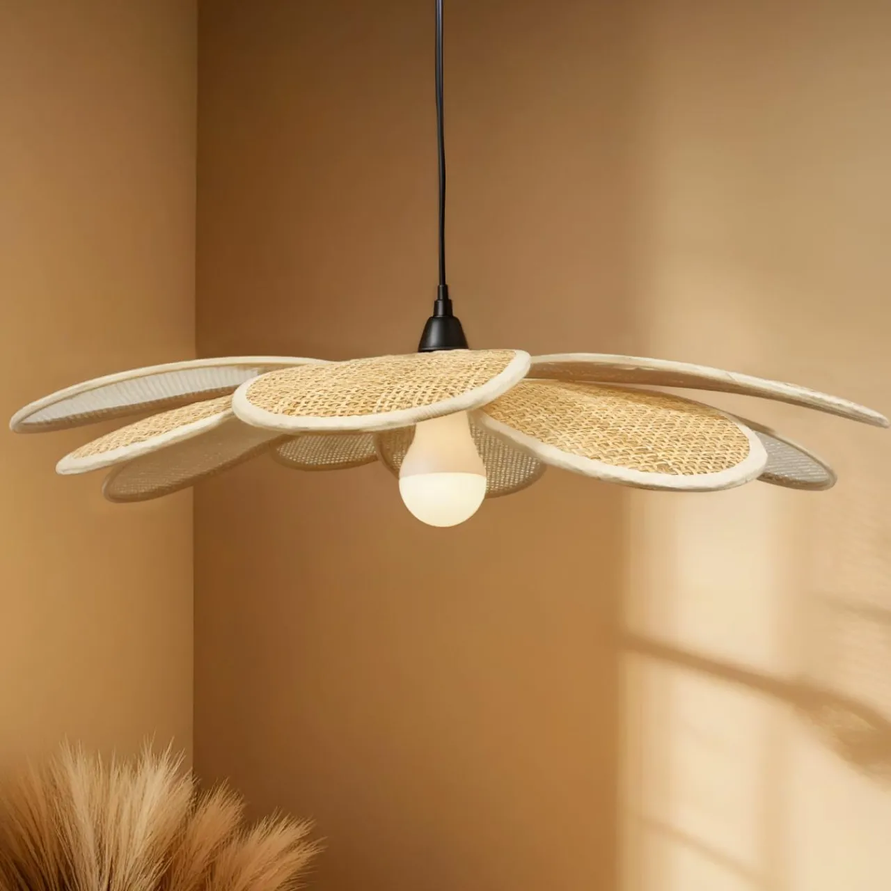 EMINZA Suspension lumineuse pétale en tissu (D58 cm) Salamanca beige et noir Naturel New