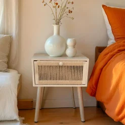 EMINZA Table de chevet bois et cordes de chanvre (H58 cm) Manille tiroir Beige