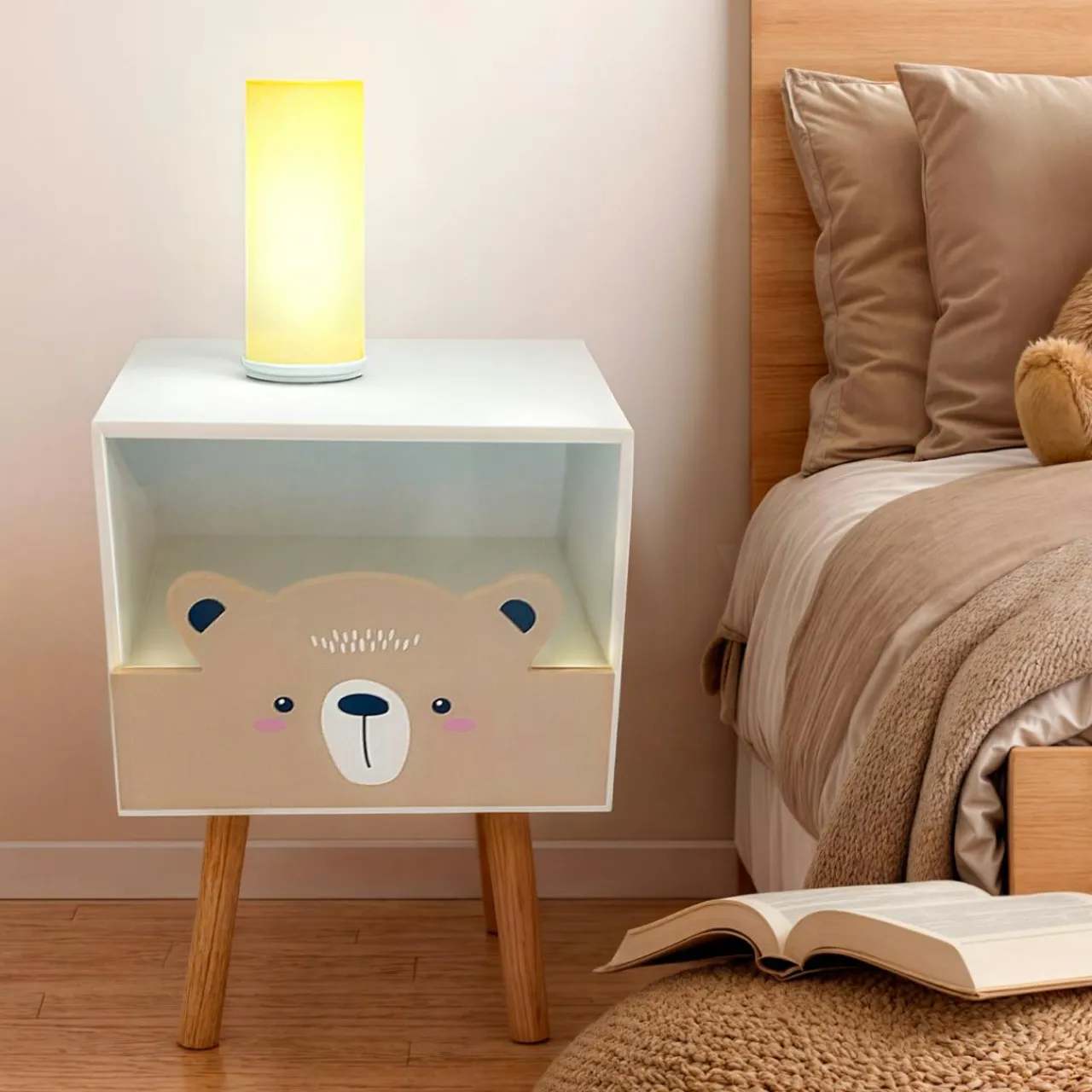 EMINZA Table de chevet enfant bois (H45 cm) Ourson Marron Discount