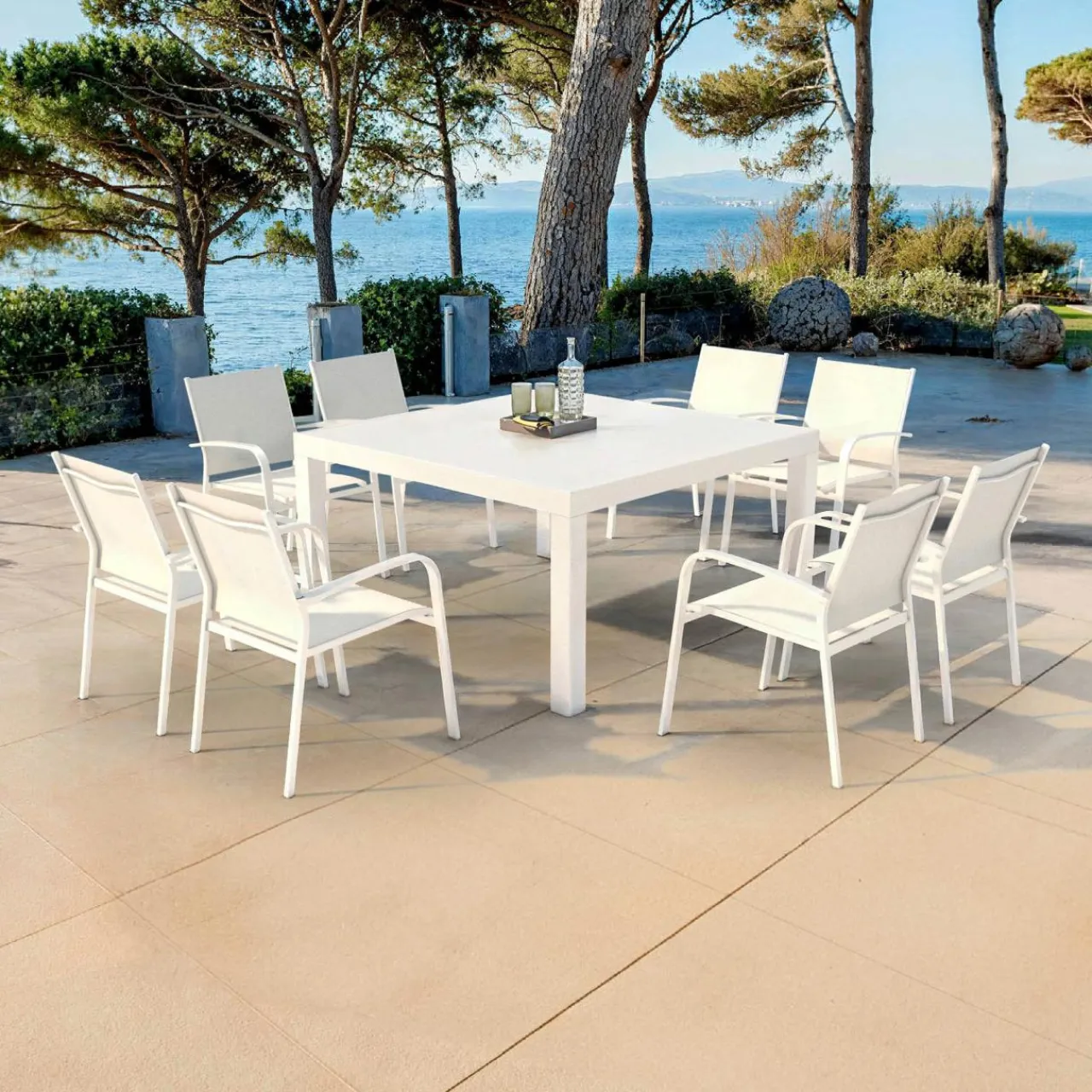 MOBELLIA Table de jardin carrée aluminium 8 places (136 x 136 cm) Murano Blanc New