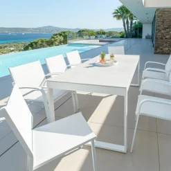 MOBELLIA Table de jardin en aluminium et céramique 8 places (180 x 90 cm) Kore Blanc et Gris clair