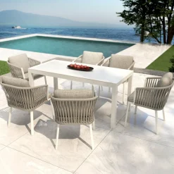 MOBELLIA Table de jardin en aluminium et céramique 6 places (150 x 75 cm) Modena Blanc Discount