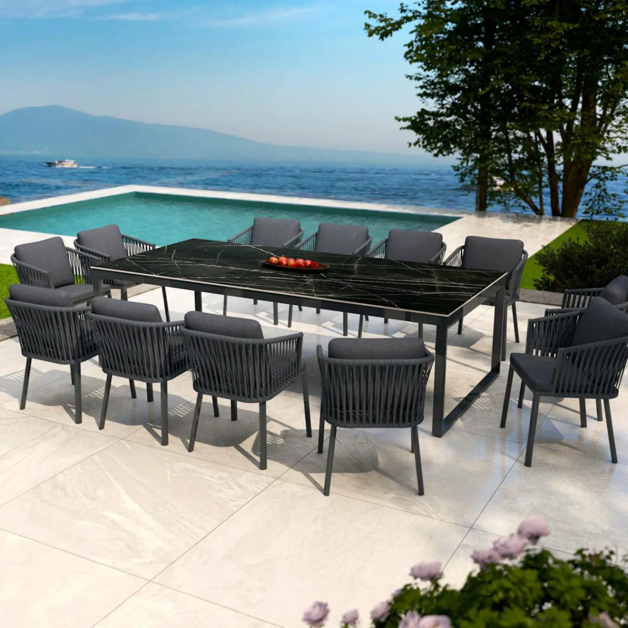 MOBELLIA Table de jardin en aluminium et céramique 12 places (260 x 120 cm) Kore Noir marbré