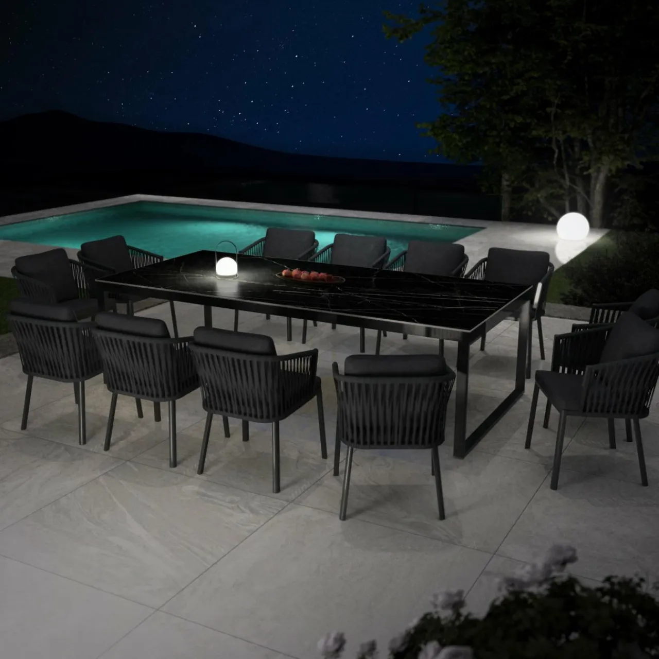 MOBELLIA Table de jardin en aluminium et céramique 12 places (260 x 120 cm) Kore Noir marbré