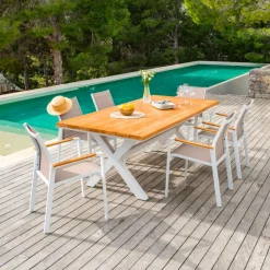 MOBELLIA Table de jardin en aluminium et bois teck 8 places (200 x 100 cm) Bali Blanc Online