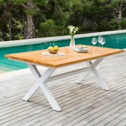 MOBELLIA Table de jardin en aluminium et bois teck 8 places (200 x 100 cm) Bali Blanc Online