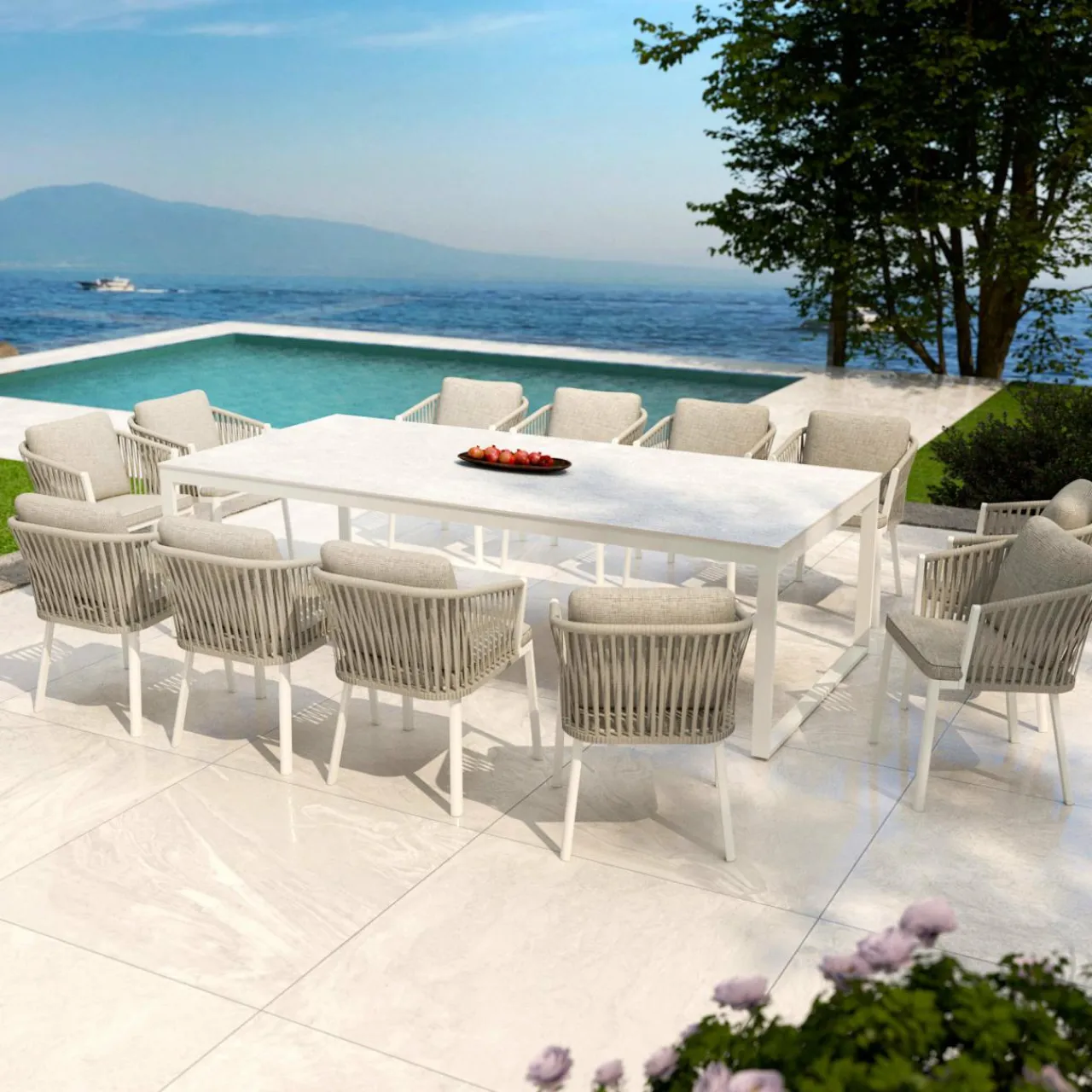 MOBELLIA Table de jardin en aluminium et céramique 12 places (260 x 120 cm) Kore Blanc et Gris clair Outlet