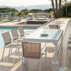 MOBELLIA Table de jardin extensible en verre 12 places (200/320 x 100 cm) Murano Blanc Discount