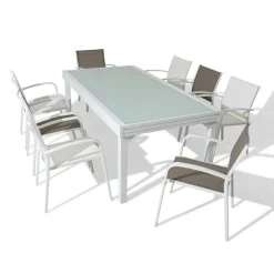 MOBELLIA Table de jardin extensible en verre 12 places (200/320 x 100 cm) Murano Blanc Discount