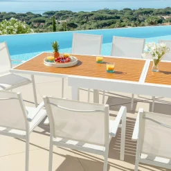 MOBELLIA Table de jardin extensible en aluminium 10 places effet bois (135/270 x 90 cm) Murano Blanc