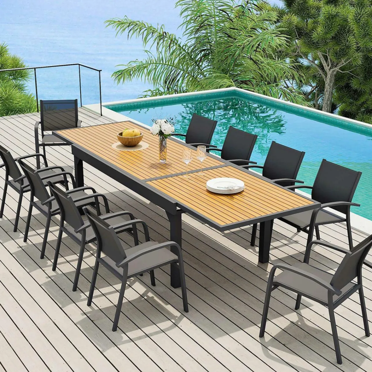 MOBELLIA Table de jardin extensible en aluminium 12 places effet bois (200/320 x 100 cm) Murano Gris Anthracite