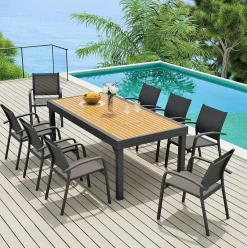 MOBELLIA Table de jardin extensible en aluminium 12 places effet bois (200/320 x 100 cm) Murano Gris Anthracite