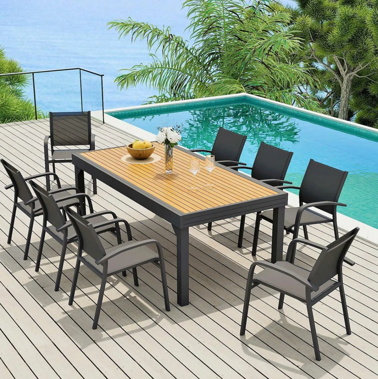 MOBELLIA Table de jardin extensible en aluminium 12 places effet bois (200/320 x 100 cm) Murano Gris Anthracite