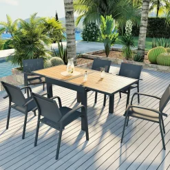 MOBELLIA Table de jardin extensible en aluminium 8 places effet bois (90/180 x 90 cm) Murano Gris Anthracite Discount