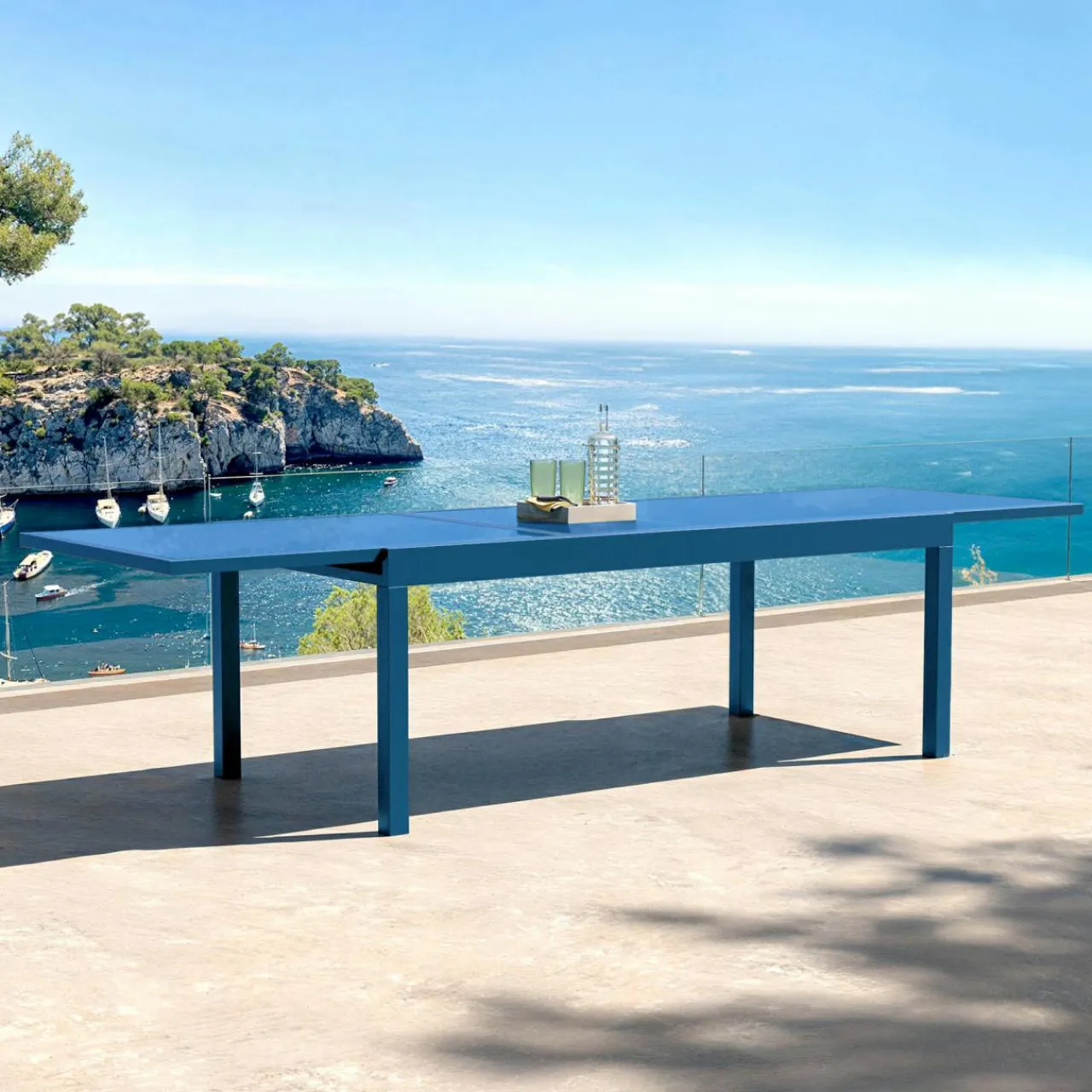 MOBELLIA Table de jardin extensible en verre 12 places (200/320 x 100 cm) Murano Bleu pétrole Sale