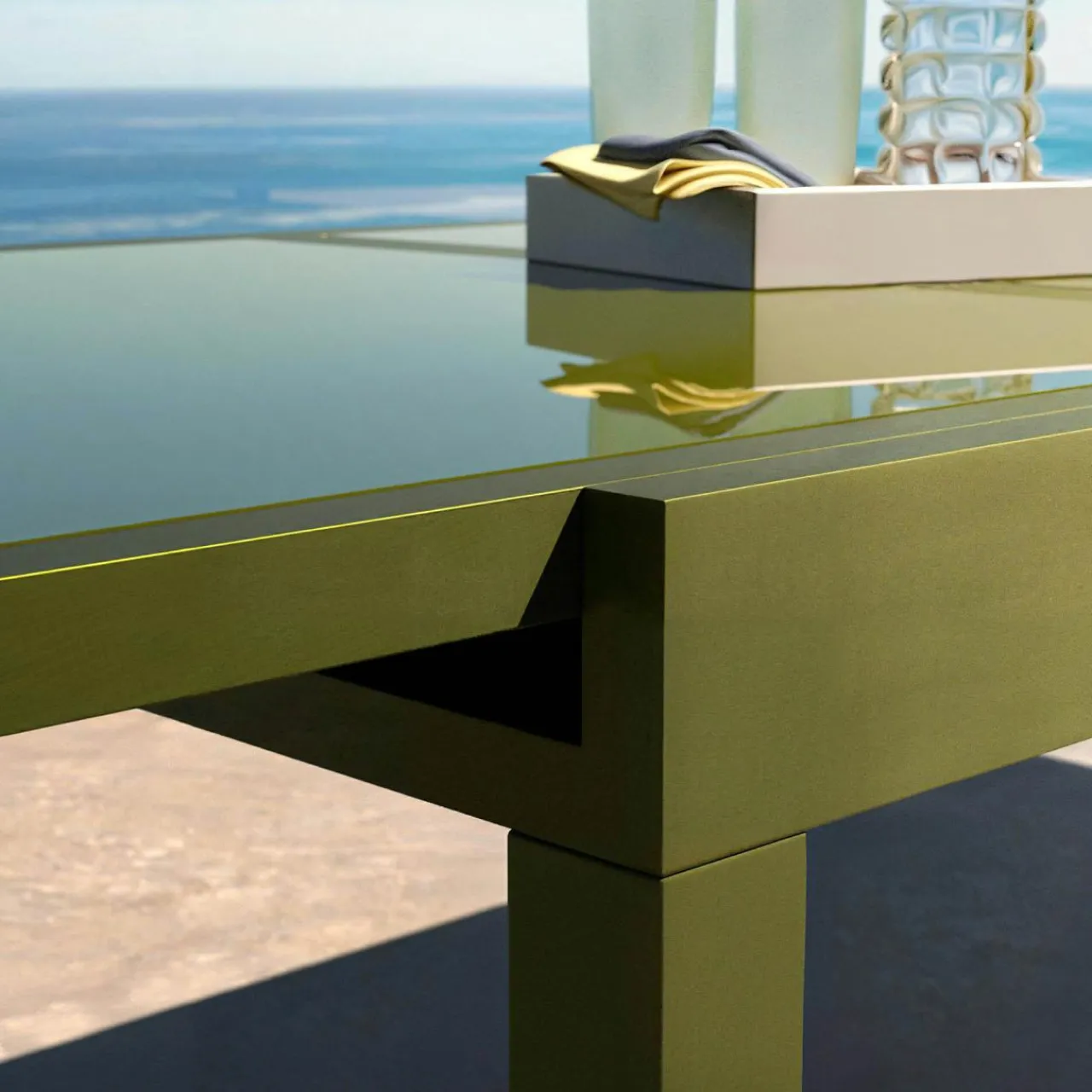MOBELLIA Table de jardin extensible en verre 12 places (200/320 x 100 cm) Murano Vert olive Best