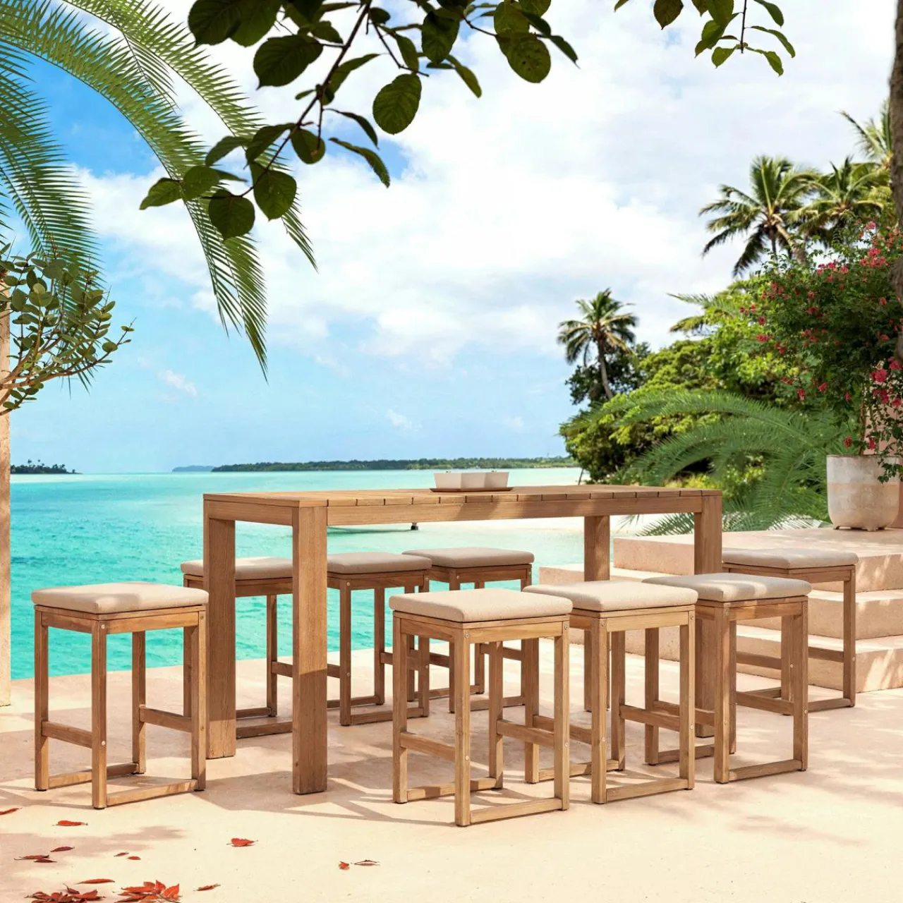 MOBELLIA Table de jardin haute en bois d'acacia 8 places (203 x H105 cm) Bornéo Naturel Outlet