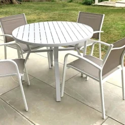 MOBELLIA Table de jardin ronde en aluminium 5 places (D105 cm) Murano Blanc Clearance