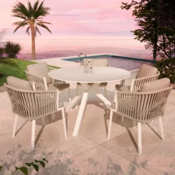 MOBELLIA Table de jardin ronde en aluminium et céramique 6 places (D120 cm) Kore Blanc Sale