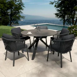 MOBELLIA Table de jardin ronde en aluminium et céramique 6 places (D120 cm) Kore Gris Anthracite New