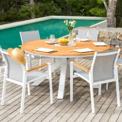 MOBELLIA Table de jardin ronde en aluminium et bois teck 8 places (D140 cm) Bali Blanc Outlet
