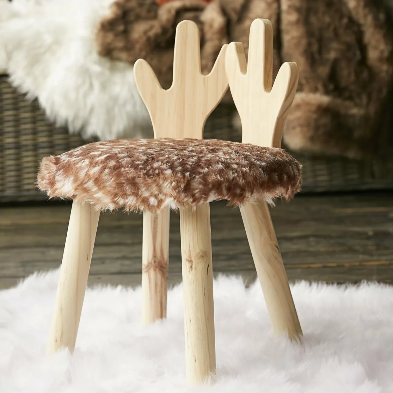 Atmosphera cru017dateur d'intu017drieur for kids Tabouret enfant bois et fausse fourrure (H38 cm) Cerf Marron Outlet