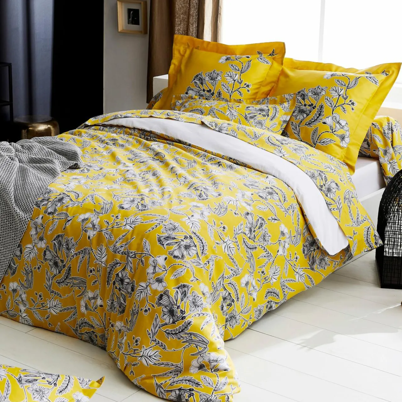 TRADILINGE Taie de traversin satin de coton (L200 cm) Botanic Jaune Clearance