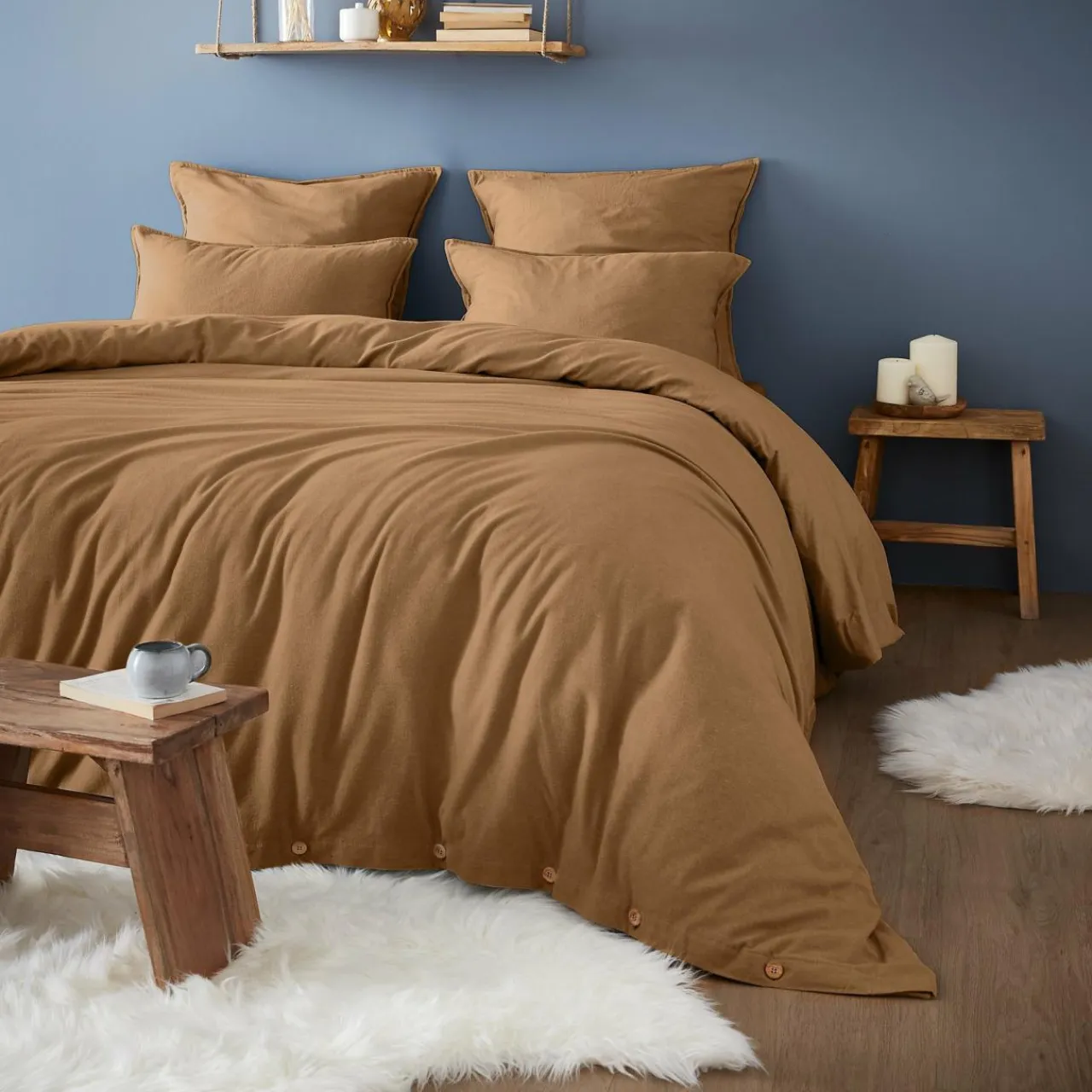 EMINZA Taie d'oreiller carrée flanelle de coton (63 x 63 cm) Théa Camel Discount