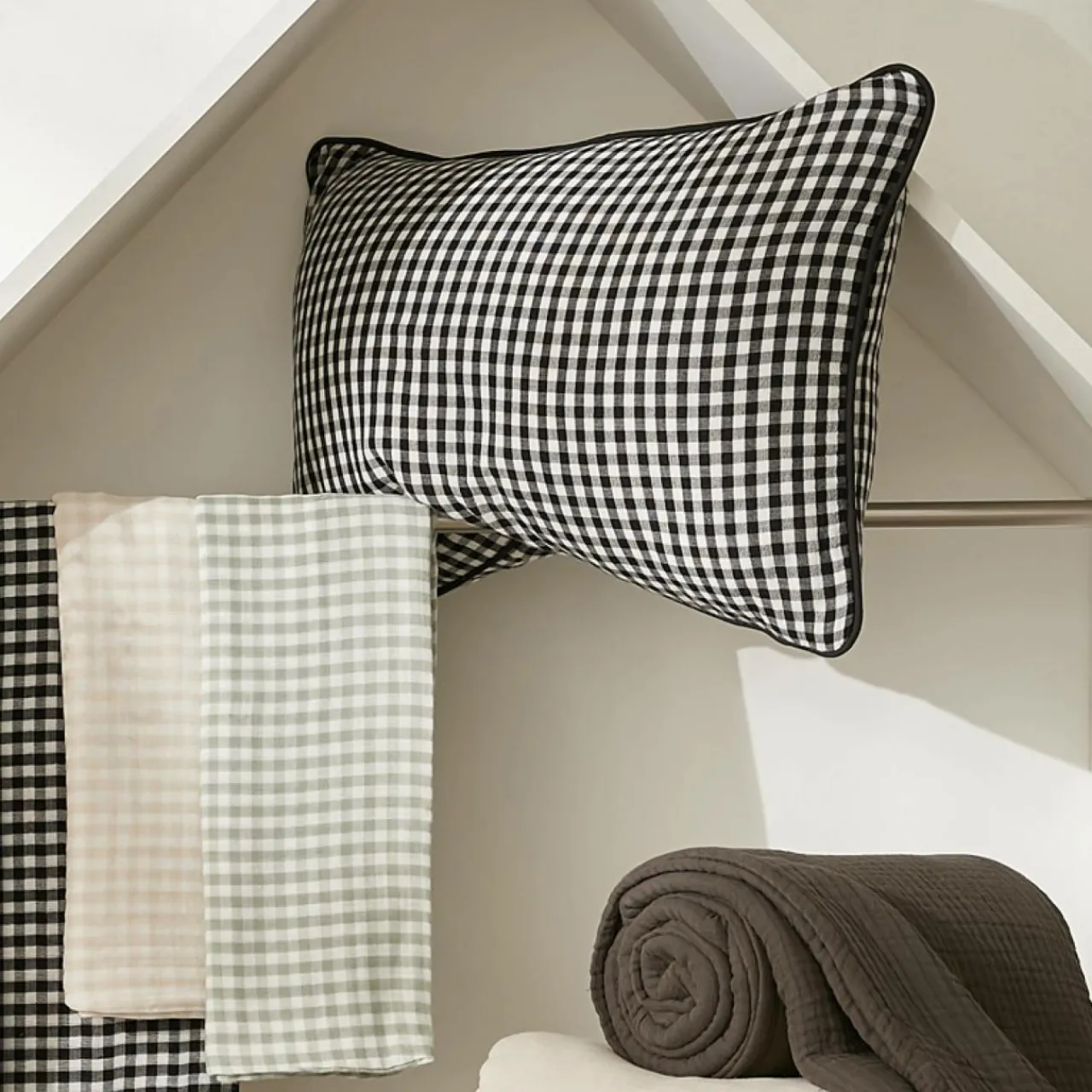 EMINZA Taie d'oreiller Carrée gaze de coton (80 x 80 cm) Gaïa Vichy beige Discount