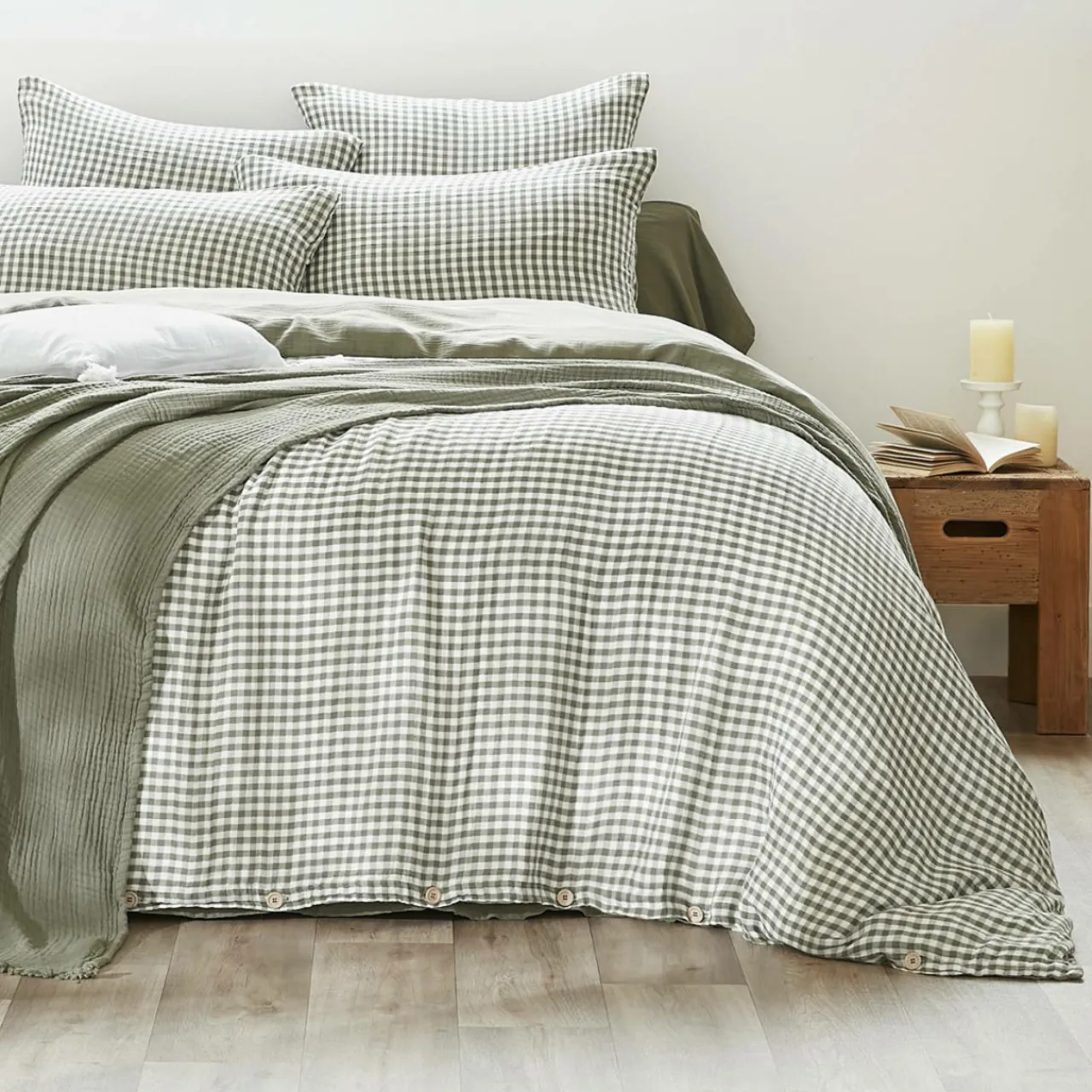 EMINZA Taie d'oreiller carrée gaze de coton (60 x 60 cm) Gaïa vichy Vert romarin Discount
