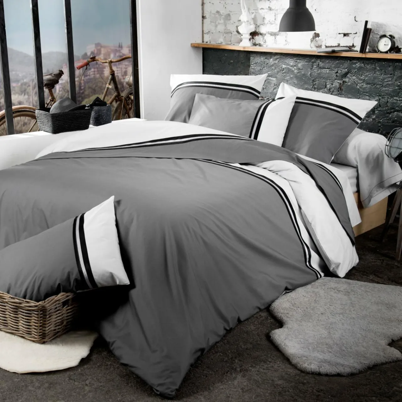 TRADI LINGE Taie d'oreiller carrée percale de coton Smoking e Gris Best