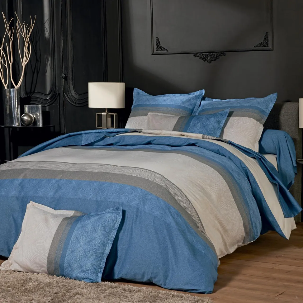 TRADI LINGE Taie d'oreiller rectangulaire satin de coton (50 x 70 cm) Tiago Bleue Noir