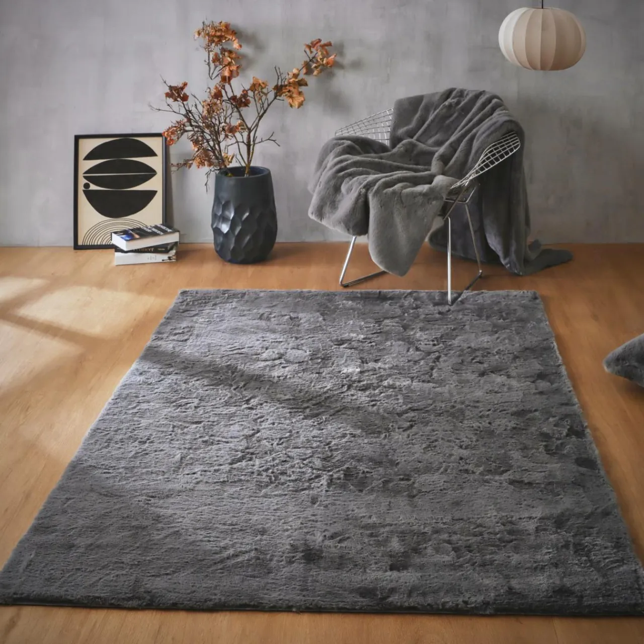 EMINZA Tapis rectangulaire fausse fourrure (140 x 200 cm) Finn Gris Anthracite New