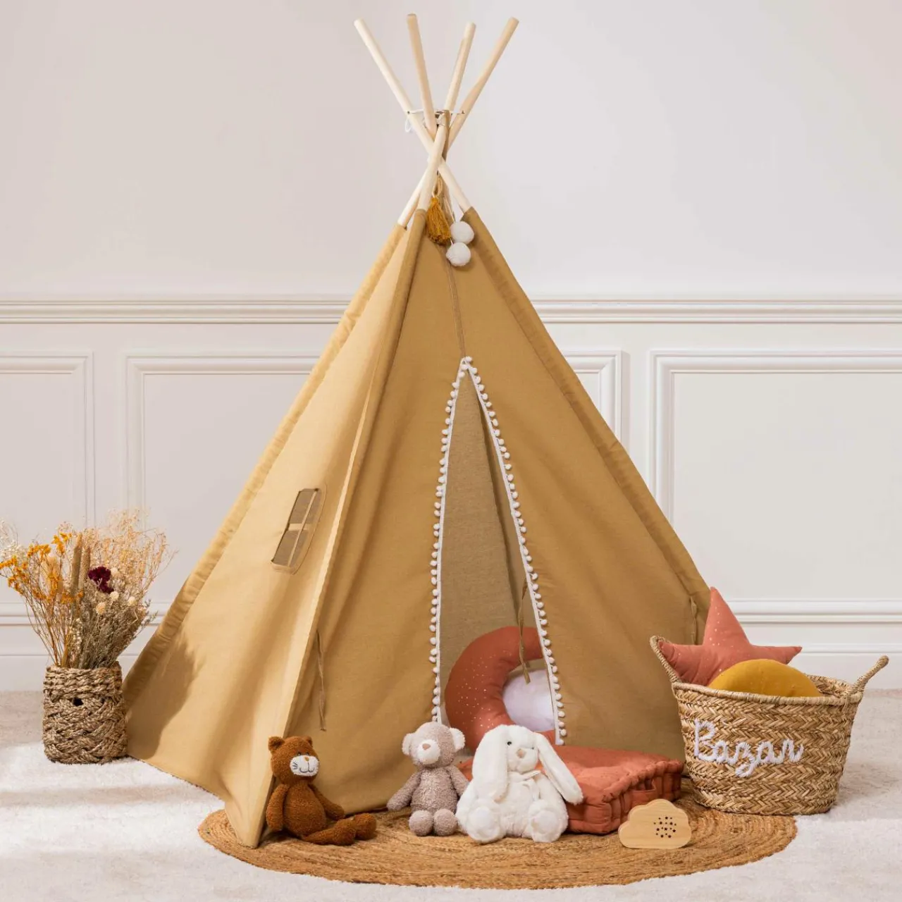 Atmosphera cru017dateur d'intu017drieur for kids Tipi enfant bois et tissu (H160 cm) Wapi Jaune ocre