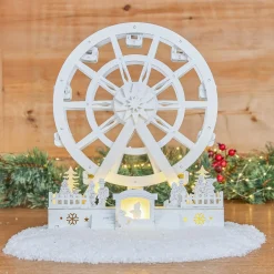KOOPMAN Village de Noël en bois lumineux et animé (H30 cm) Grande roue de Noël Blanc Best