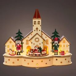 KAEMINGK Village de Noël en bois lumineux et musical à piles (30 x H24 cm) Église et casse-noisette