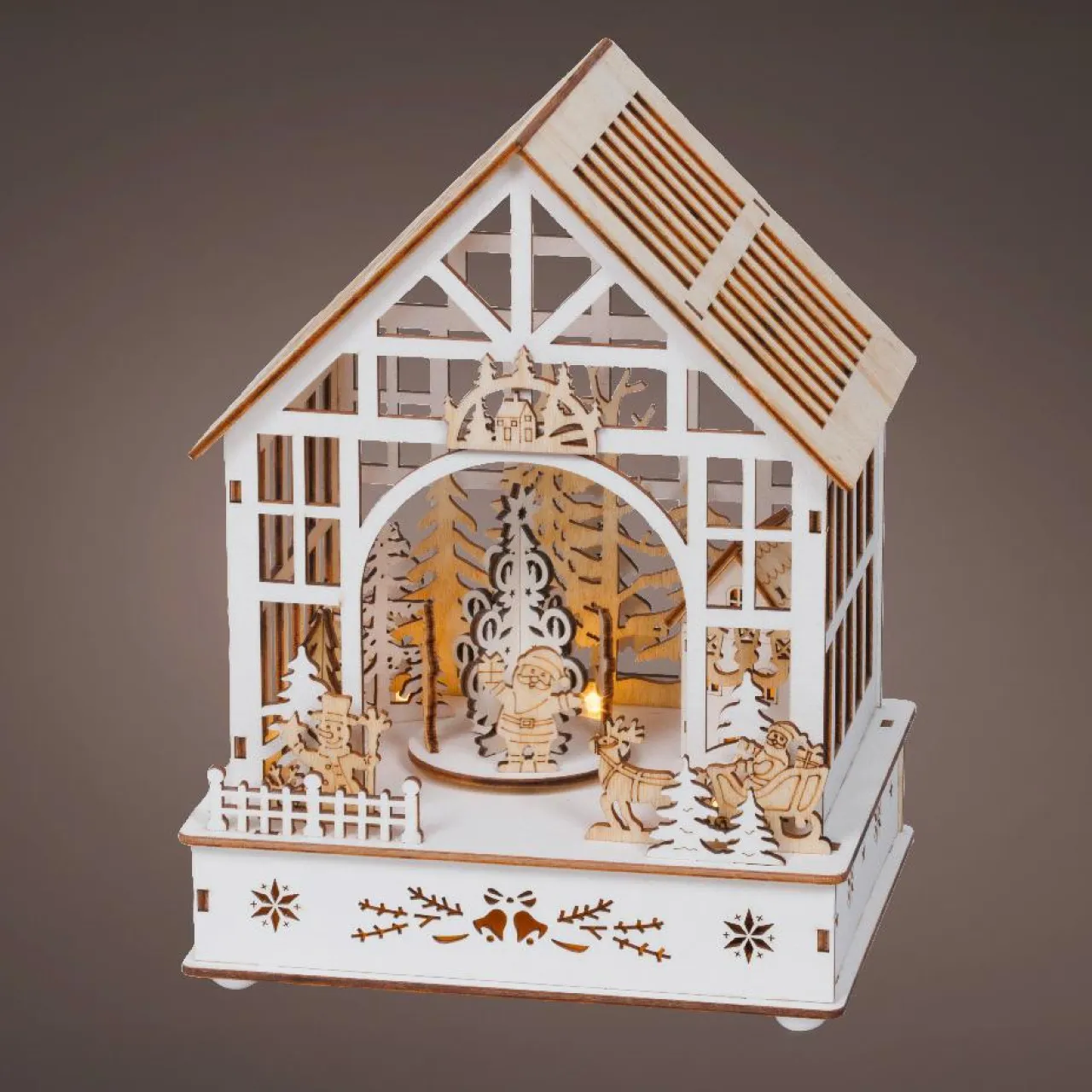 KAEMINGK Village de Noël en bois lumineux, musical et animé à piles (18 x 24 cm) Jardin d’hiver Naturel Outlet