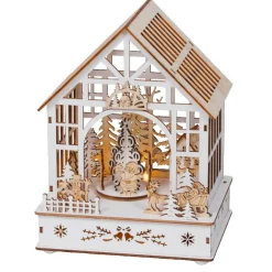 KAEMINGK Village de Noël en bois lumineux, musical et animé à piles (18 x 24 cm) Jardin d’hiver Naturel Outlet