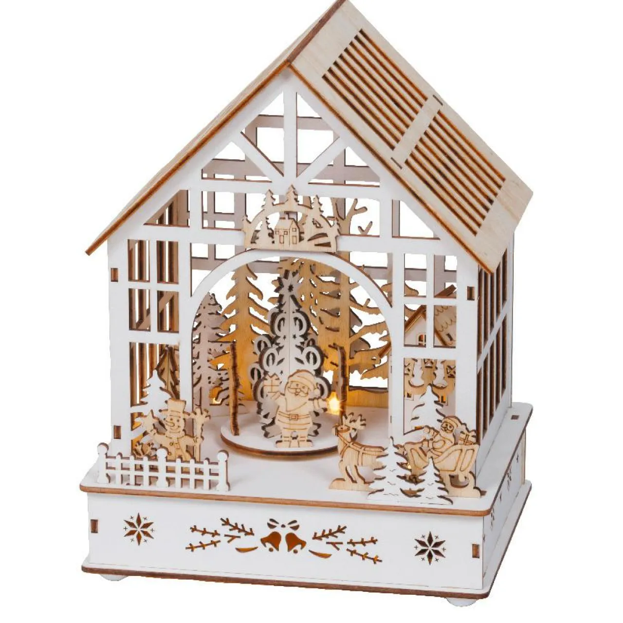 KAEMINGK Village de Noël en bois lumineux, musical et animé à piles (18 x 24 cm) Jardin d’hiver Naturel Outlet